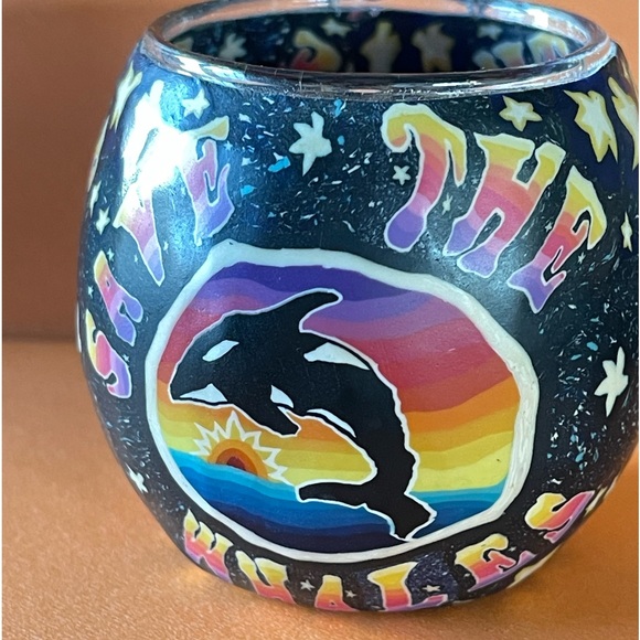 Save the Whales clay and glass tea light. Four inches. - Picture 1 of 4